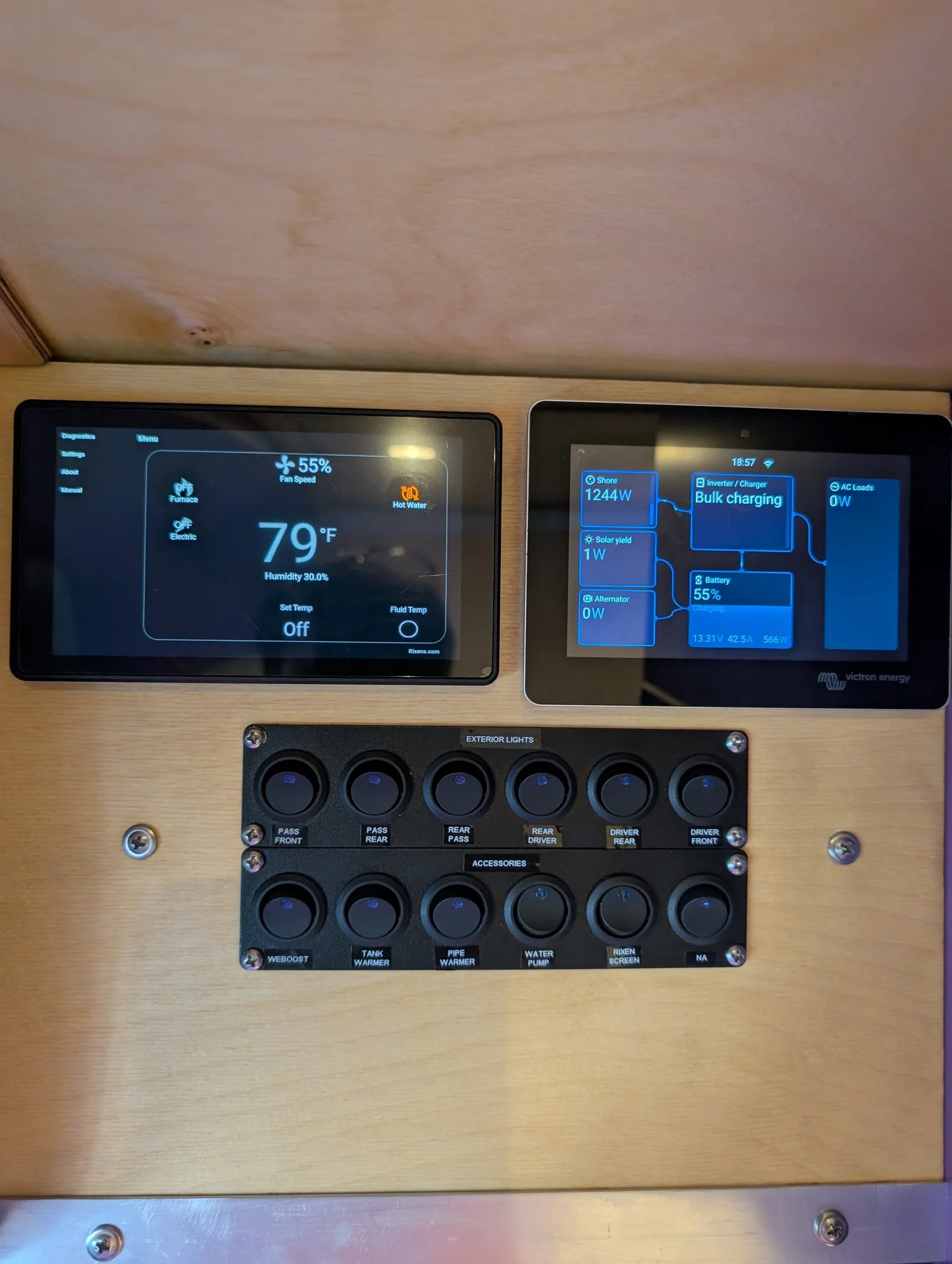Frida's Victron electrical and Rixen hydronic heating control screens