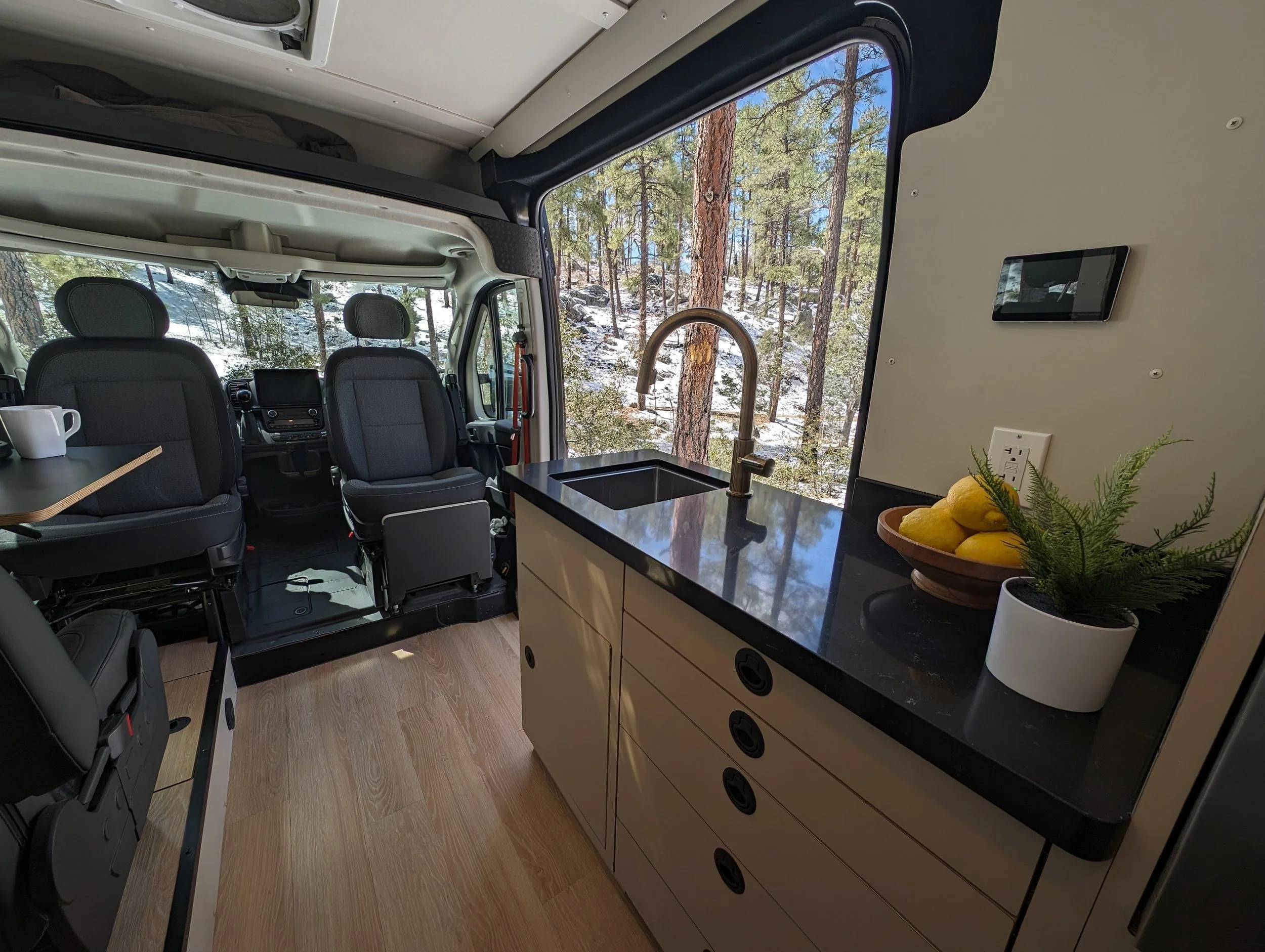 Custom camper van interior with kitchen galley and forest view